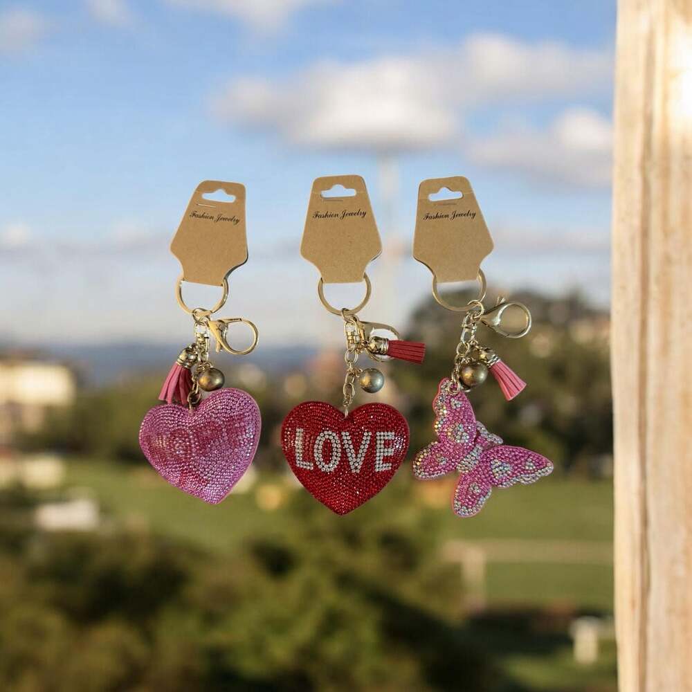 Set of 3 Rhinestone Bling Heart and Butterfly Keychain Bag Charms with Tassels
